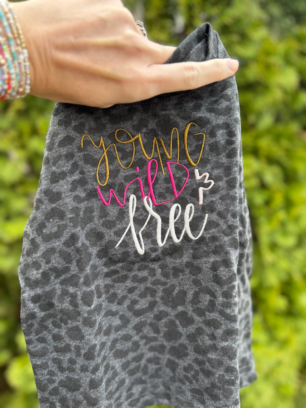 Young wild and free leopard print embroidered short sleeve shirt