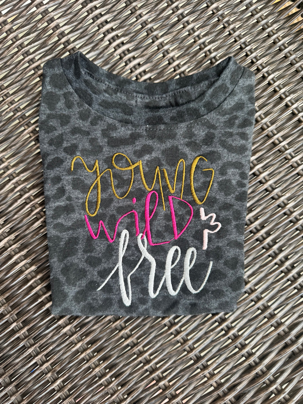 Young wild and free leopard print embroidered short sleeve shirt