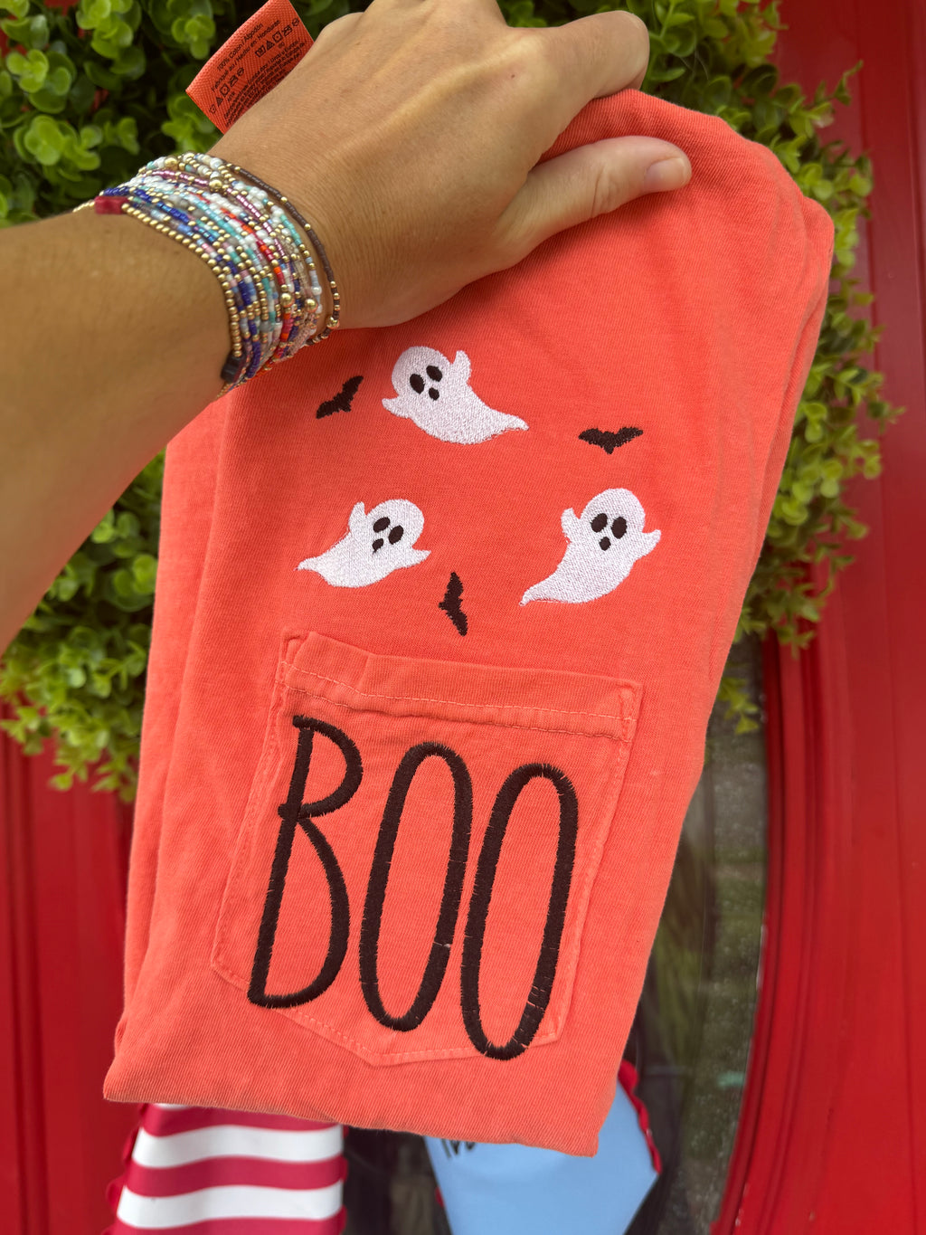 Boo Ghost and Bats embroidered short sleeve shirt