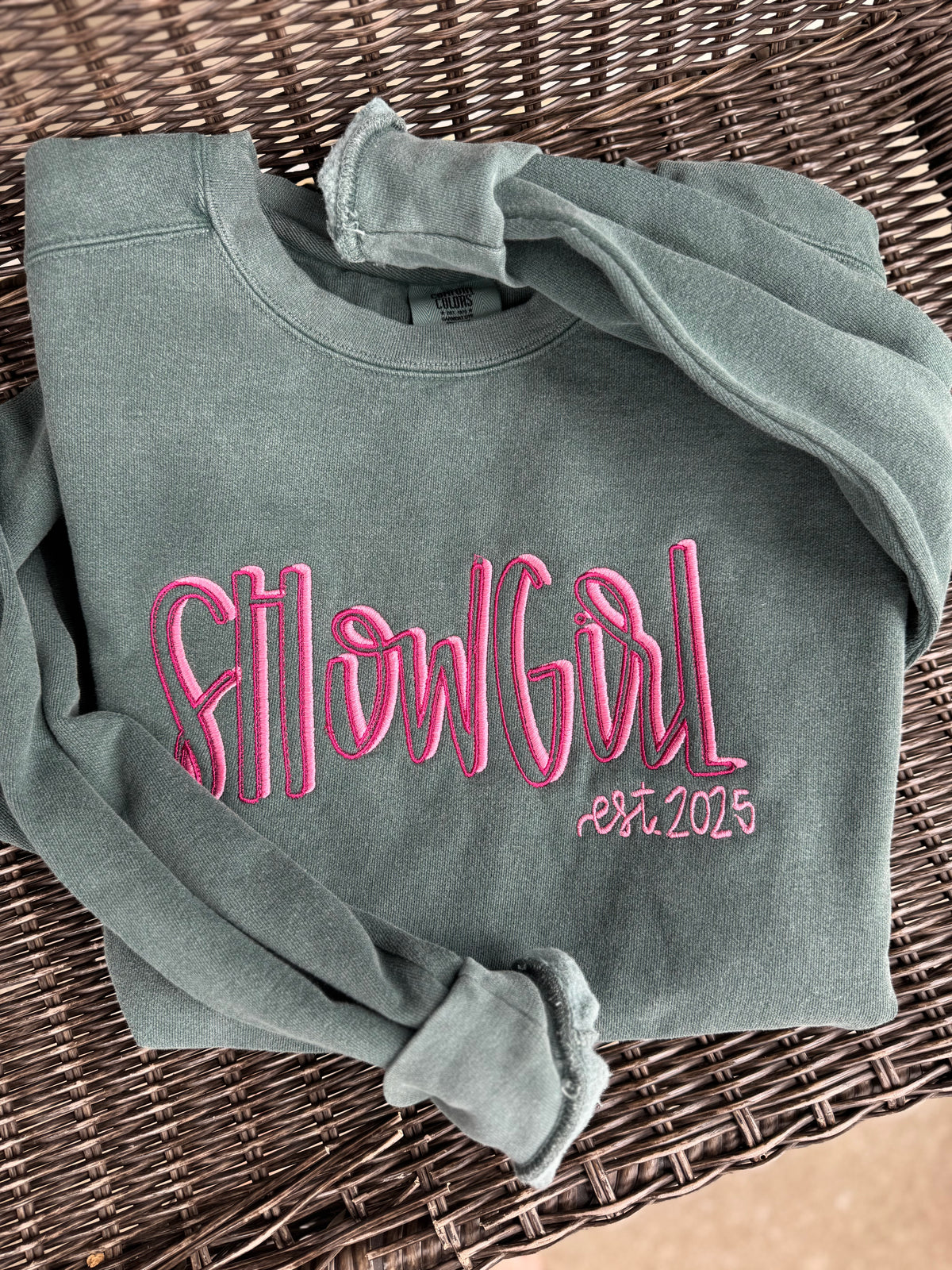 Show Girl Inspired embroidered sweatshirt, blue spruce