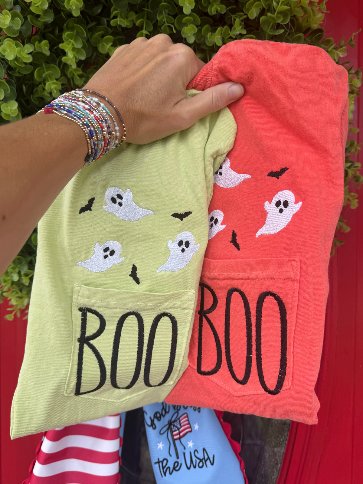 Boo Ghost and Bats embroidered short sleeve shirt