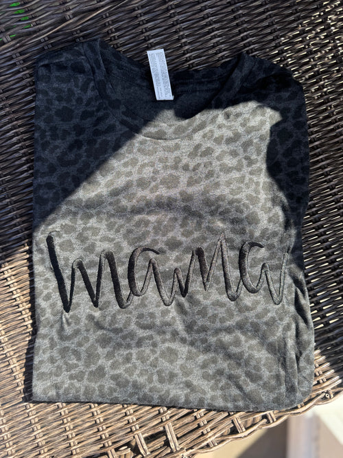 Black Leopard Print Mama Embroidered Short Sleeve Shirt