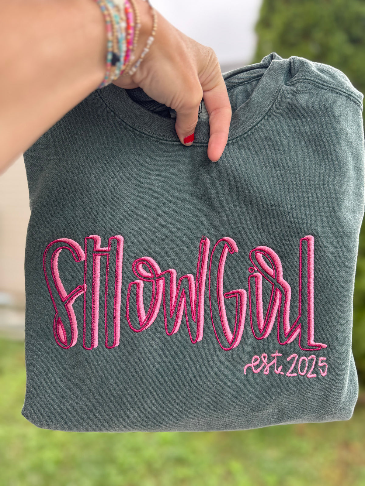 Show Girl Inspired embroidered sweatshirt, blue spruce