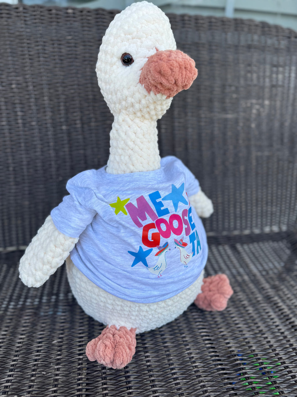 Porch Goose crochet plushie with fun tshirt