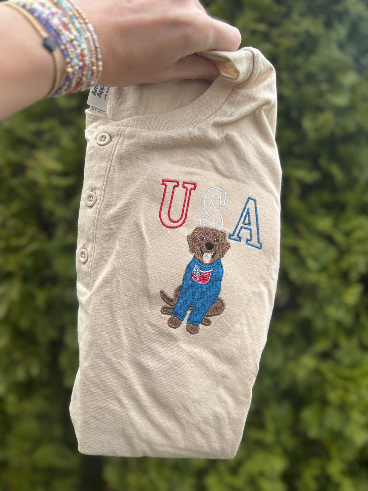 USA Embroidered Pup short sleeve Henley