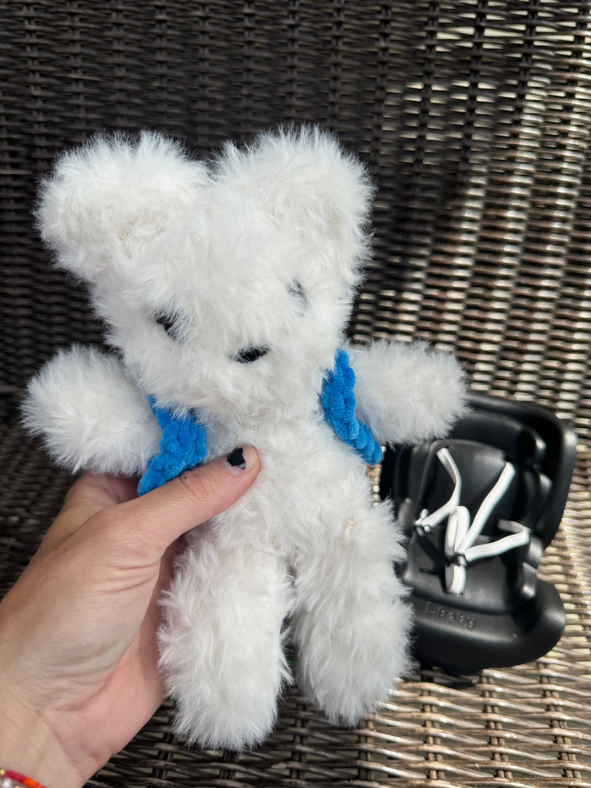 Tag a long friend! Crocheted stuffie with vest and car seat
