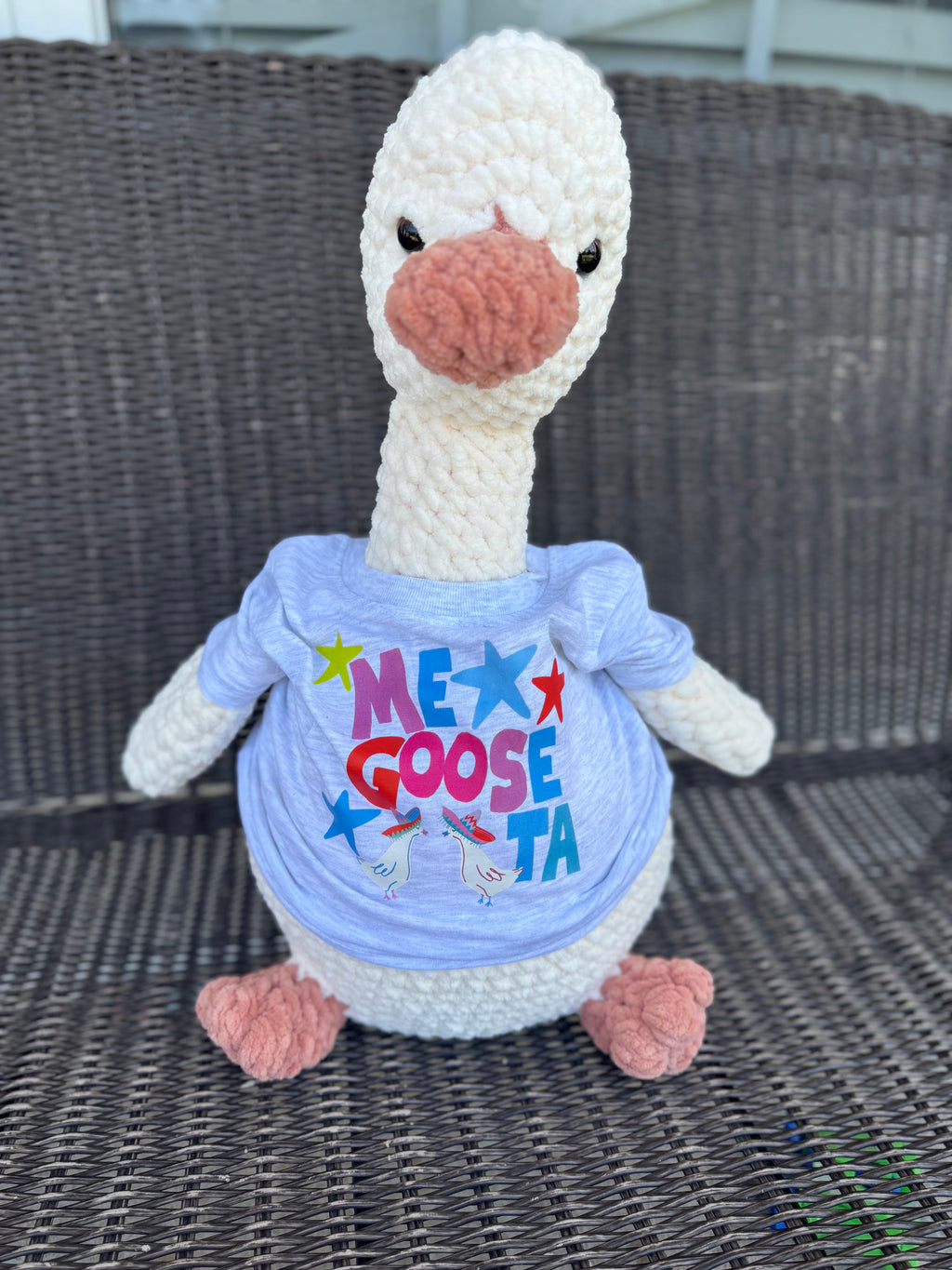 Porch Goose crochet plushie with fun tshirt