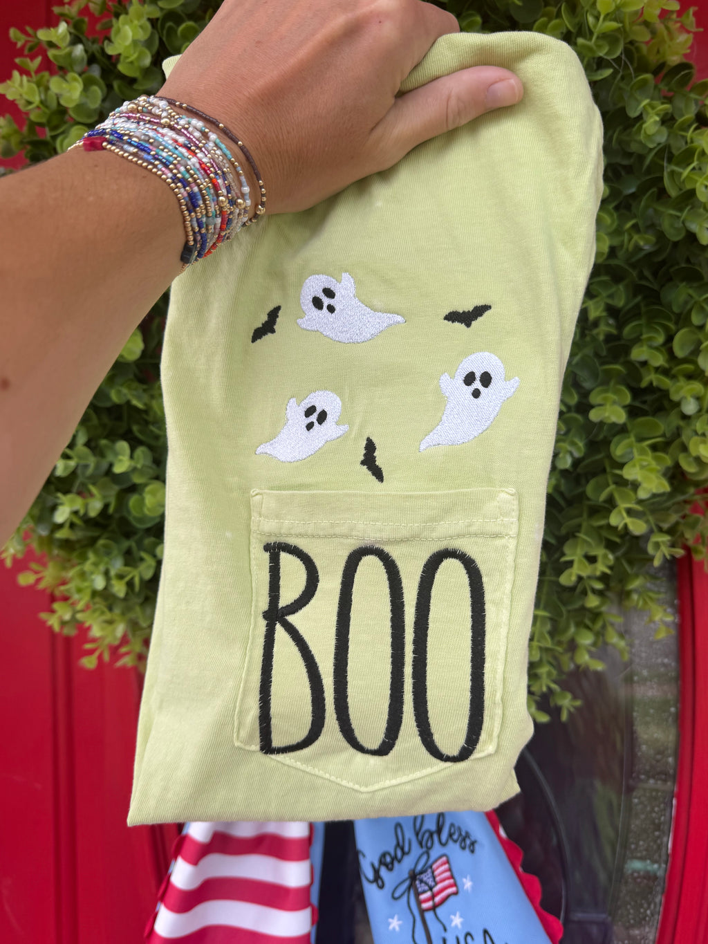 Boo Ghost and Bats embroidered short sleeve shirt