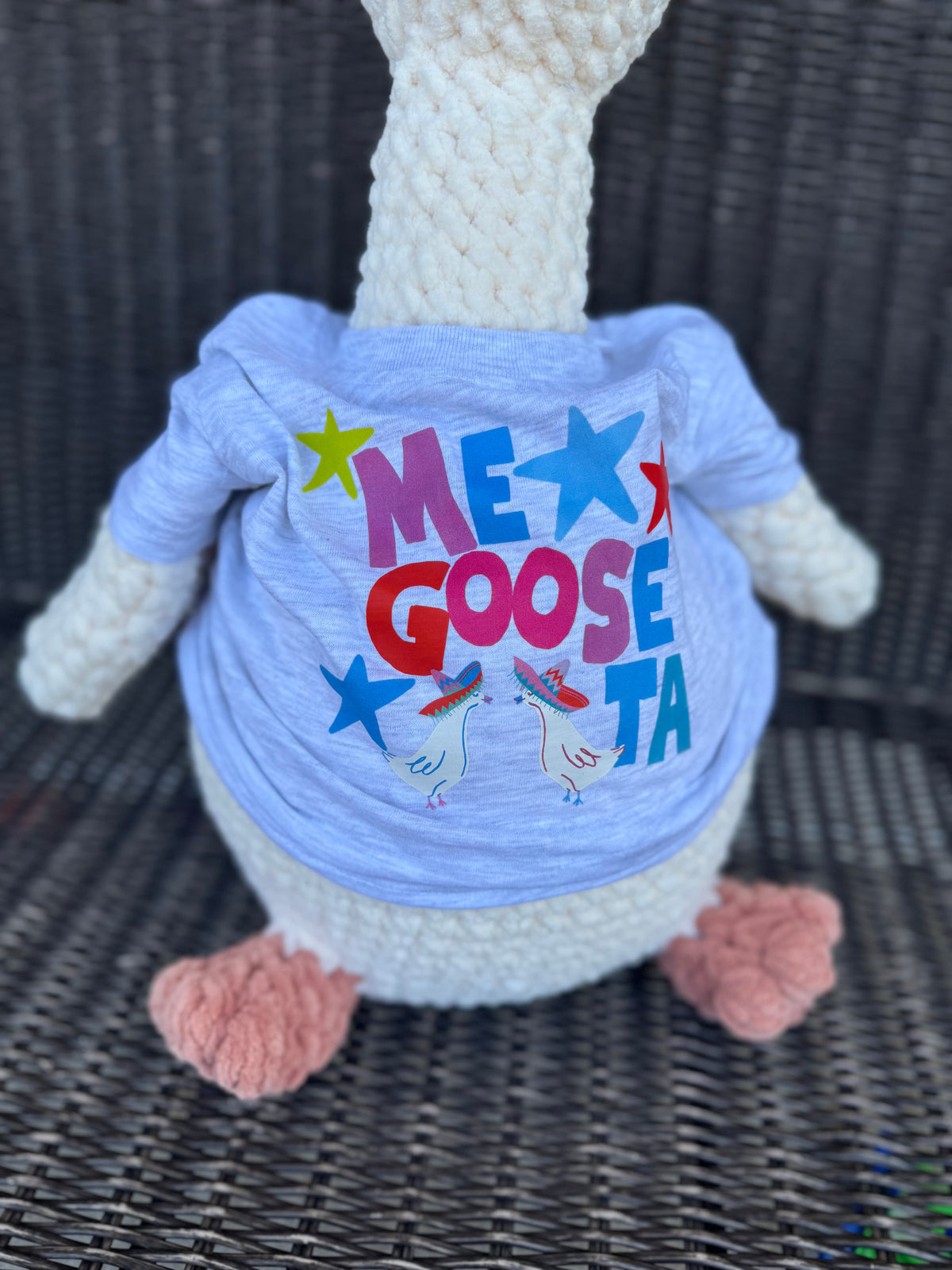 Porch Goose crochet plushie with fun tshirt