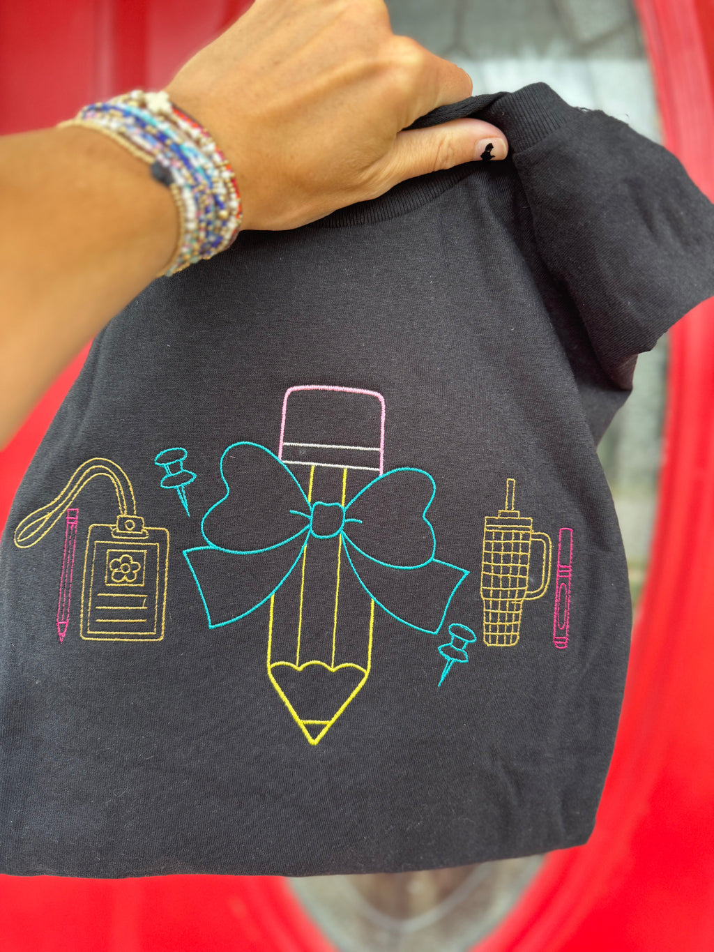 Fun School Supplies Embroidered short sleeve shirt